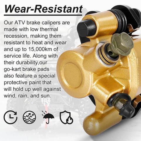 Close-up of rear brake caliper go kart brake kit with beefy performance brake pads for 50cc to 250cc ATVs, durable alloy