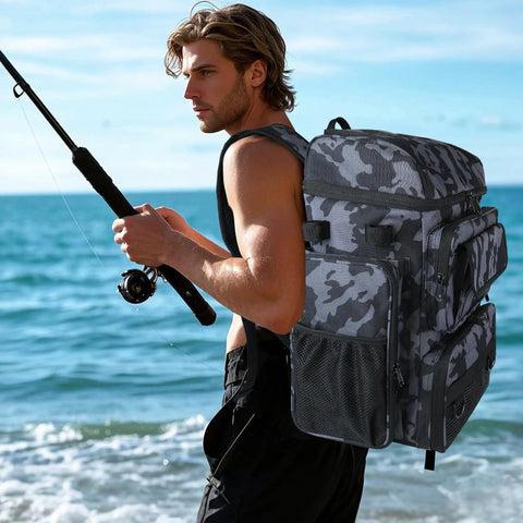 Man fishing at the beach with Heavy Duty Fishing Tackle Backpack With Rod Holders And 45L Large Capacity Gear Bag in camouflage.