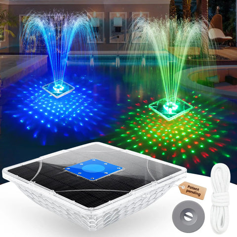 Upgraded Solar Fountain With Killer Light Show For Pools, large square floating pool fountain with anchor and dark blue pump