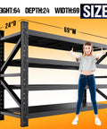 Heavy Duty Metal Garage Shelving Unit With Fully Adjustable Shelves Built Tough As Nails For Serious Home Garage Organization And Crushing Up To Five Thousand Pounds Of Tools Without Breaking A Sweat Or Budging An Inch, showing size dimensions and a woman giving thumbs up.