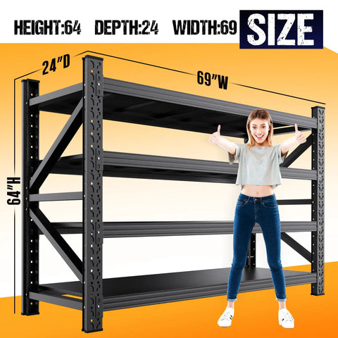 Heavy Duty Metal Garage Shelving Unit With Fully Adjustable Shelves Built Tough As Nails For Serious Home Garage Organization And Crushing Up To Five Thousand Pounds Of Tools Without Breaking A Sweat Or Budging An Inch, showing size dimensions and a woman giving thumbs up.