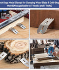 RoutN Plane Bench Top Router Sled Board Mill in use for flat surfacing, shown with metal clamps and router on wood slab.