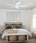 Bedroom interior with Ashby Modern 52 Inch Ceiling Fan With Light And Remote LED Indoor Fan and white walls.