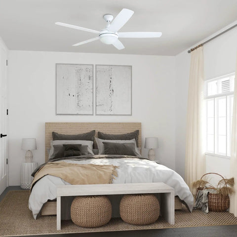 Bedroom interior with Ashby Modern 52 Inch Ceiling Fan With Light And Remote LED Indoor Fan and white walls.