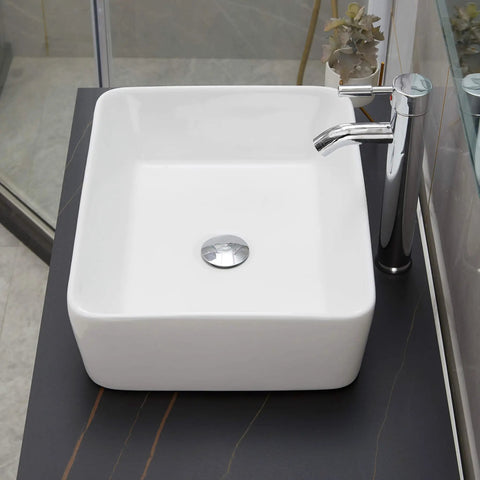 Rectangle Vessel Sink With Pop Up Drain Included For Above Counter Bathroom White Porcelain Ceramic Vanity Basin 14.6 X 18.9 X 5.2 Inches Without Faucet Hole