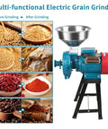 Multi-functional Electric Grain Mill Grinder with Funnel and grinding before and after visuals, Electric Grain Mill Grinder 3000W 110V Heavy Duty Beast Commercial Corn Grinder With Funnel Dry Use Powder Grinder For Grain Rice Herbs Pepper Adjustable Thickness.
