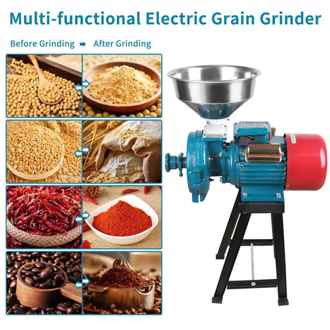 Multi-functional Electric Grain Mill Grinder with Funnel and grinding before and after visuals, Electric Grain Mill Grinder 3000W 110V Heavy Duty Beast Commercial Corn Grinder With Funnel Dry Use Powder Grinder For Grain Rice Herbs Pepper Adjustable Thickness.