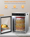 Heavy Duty Rotary Food Dehydrator And Biltong Maker With Led Digital Console, 24 Hour Timer, Twenty Stainless Steel Trays with fruit slices inside.