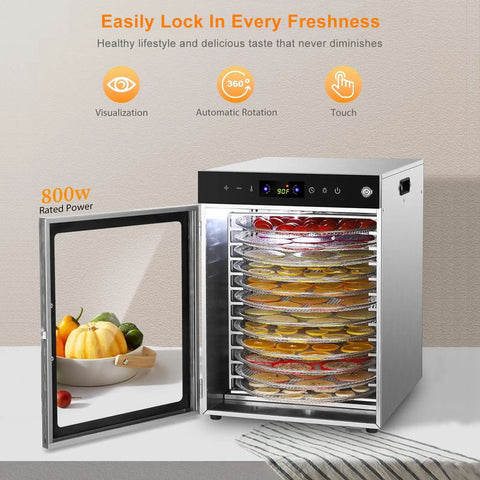 Heavy Duty Rotary Food Dehydrator And Biltong Maker With Led Digital Console, 24 Hour Timer, Twenty Stainless Steel Trays with fruit slices inside.