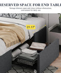 Full Size Platform Storage Bed Frame With Three Smooth Rolling Drawer Pulls Upholstered In Dark Grey Linen Fabric Over Heavy Duty Metal Supports showing drawer space.
