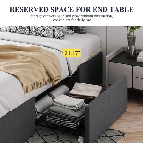 Full Size Platform Storage Bed Frame With Three Smooth Rolling Drawer Pulls Upholstered In Dark Grey Linen Fabric Over Heavy Duty Metal Supports showing drawer space.