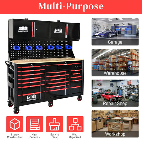 Massive 19 Drawer Rolling Tool Chest With Heavy Duty Wood Top Workbench On Wheels For Garage Shop Lab Includes Four Doors And Six Storage Bins Ultra Durable Mechanic Toolbox Cart For Easy Organization, black metal with drawers and pegboard