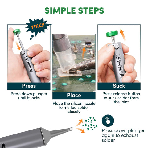 Instructions for using Handheld No Power Needed Desoldering Sucker With Silicone Tip Self Cleaning Solder Vacuum Pump One Shot Max Suction