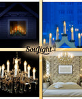 Collage of 7 Watt Night Light Replacement Bulbs 12 Pack For C7 Lamps With E12 Candelabra Base 120V 45 Lumen in various settings.