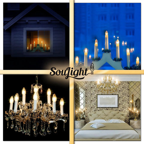 Collage of 7 Watt Night Light Replacement Bulbs 12 Pack For C7 Lamps With E12 Candelabra Base 120V 45 Lumen in various settings.