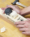 Pro Grade Japanese Kanna Pull Plane Hitachi Aogami Blue Steel Number Two Blade Solid Oak Body 58mm Wide in use on wood.