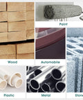 Collage of materials and surfaces including wood stacks, paint roller, car surface, plastic pipes, metal tubes, and stone blocks.