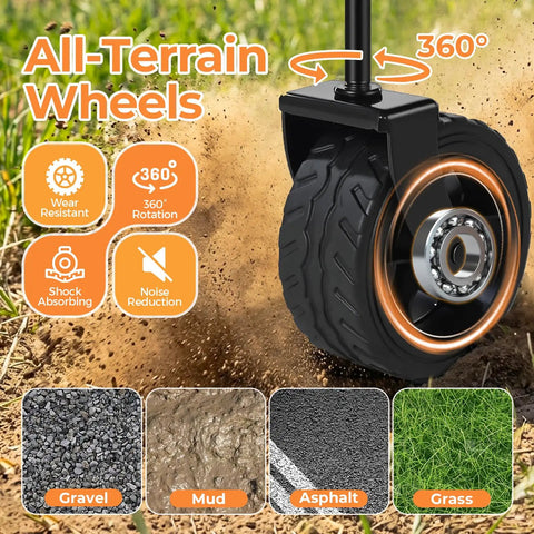 Close-up of all-terrain wheel with 360-degree rotation for Lightweight Foldable Wagon Cart With Removable Side, suitable for various surfaces.