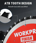 Close-up of 10 Inch 60T Fine Finish Woodworking Circular Saw Blade For Plywood And Trim showing ATB carbide tipped teeth design.