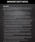 Warning safety notice poster with bullet-point precautions on a dark geometric background; Riedell logo in the bottom-right.