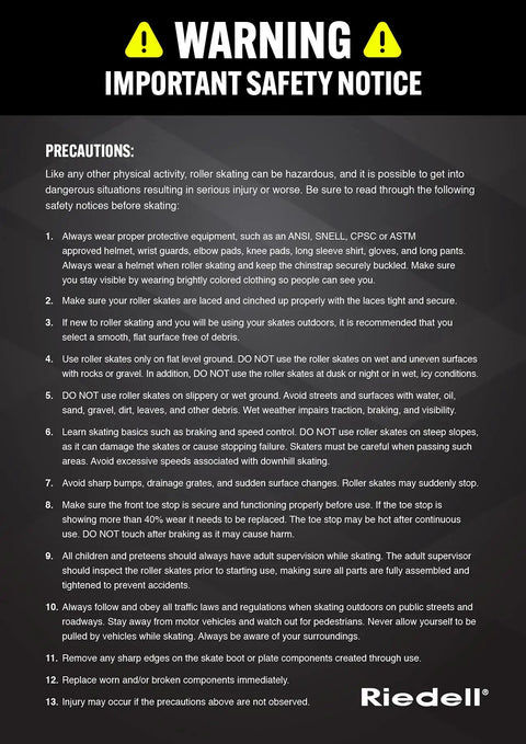 Warning safety notice for roller skating with precautions and safety guidelines by Riedell.