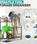 Heavy Duty Garden Tool Organizer Stand With Lockable Wheels holding various garden tools and equipment in a garage setting.