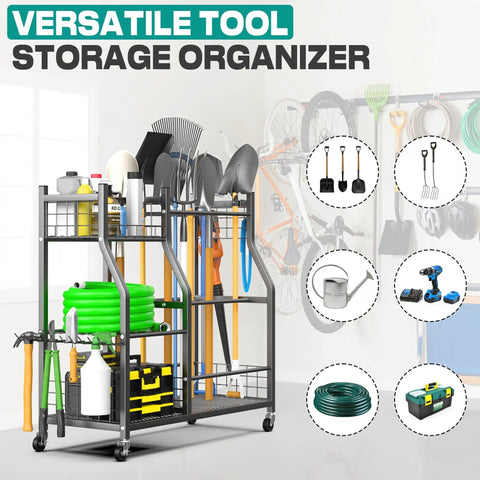 Heavy Duty Garden Tool Organizer Stand With Lockable Wheels holding various garden tools and equipment in a garage setting.