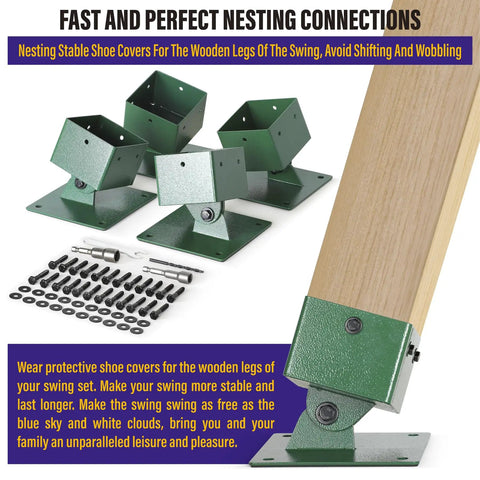 Stainless Steel Swing Set Anchor Leveling Kit For 4x4 Wood Posts Actual Size 3.5x3.5, green brackets with hardware displayed.