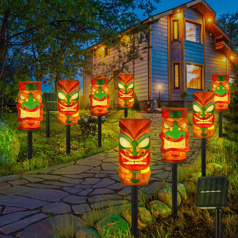 4 Pack Solar Tiki Light Decor Waterproof Tiki Statues For Outdoor Hawaiian Party Luau Birthday Party Tropical Bar Christmas Garden