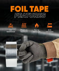 Two Inch Aluminum Foil Tape With No Release Liner 230 Feet Of Heavy Duty Silver HVAC Duct Tape For High Temperature Insulation Vents Electronics And Dryers held by a gloved hand showcasing features like UV resistance and flame resistance.