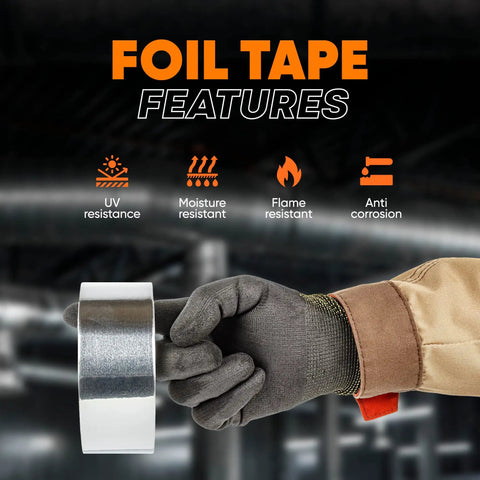 Two Inch Aluminum Foil Tape With No Release Liner 230 Feet Of Heavy Duty Silver HVAC Duct Tape For High Temperature Insulation Vents Electronics And Dryers held by a gloved hand showcasing features like UV resistance and flame resistance.