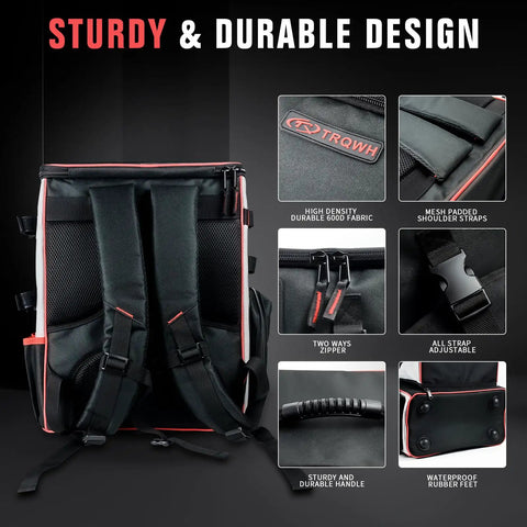 Back view of rugged detachable welding tools backpack with 600D fabric, multiple pockets, and helmet catch, highlighting durable design.