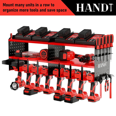 Garage Tool Organizer Wall Mount Drill Holder Pegboard Screwdriver Holder System With Magnet Bar And Organization Bin Cordless Drill Battery Charging Station Utility Shelf Red with multiple drill holders and screwdrivers.