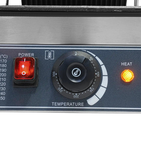 Control panel of Heavy Duty Electric Panini Press Grill With 1800W Dual Heating Plates, showing power and temperature settings.