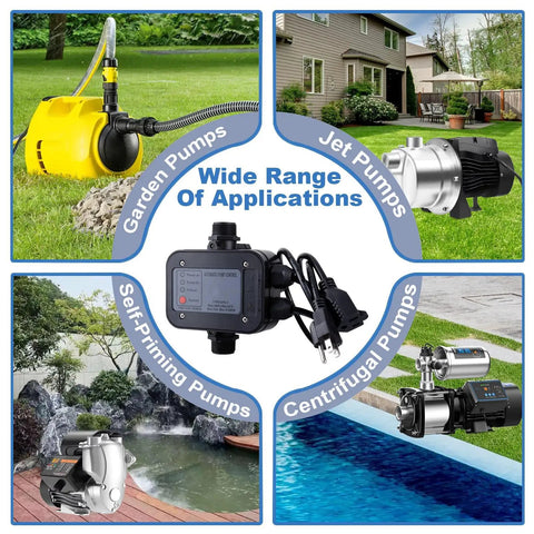 Water Pump Pressure Controller With Automatic Electronic Switch, Adjustable 1.5-2.5 Bar, images of various compatible pumps