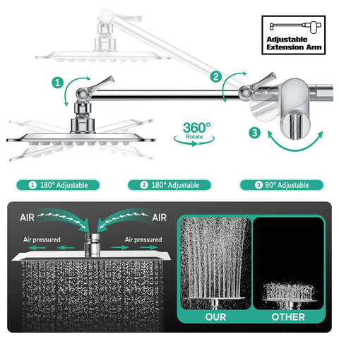 Diagram showing 8 Inch High Pressure Rain Shower Head With Handheld And Adjustable Extension Arm Dual Square Shower Head Combo