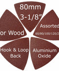Oscillating Multi Tool Sanding Kit With 105 Pieces Including Triangle And Finger Sanding Pads And 100 Pieces Sandpaper For Wood Projects Pro Grade Grits From 60 To 240 For Smooth Finishes And Easy Detail Work showing triangular sanding pads with text descriptions