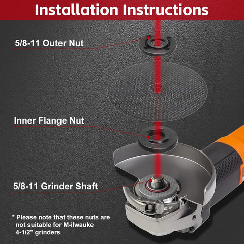 All-In-One 12-Piece Grinder Nut And Wrench Set For 4.5 To 7 Inch Grinders showing installation of flange nuts and wrenches.