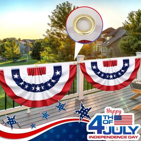 Six Pack 3x6 Ft Pleated American Flag Bunting For Outdoor Decor Patriotic Red White And Blue Banner displayed on porch railing
