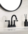 Matte Black Two Handle Centerset Bathroom Faucet With Three Hole Drain Assembly High Arc Four Inch Vanity Lavatory Tap Brass 360 Degree Swivel Spout Ceramic Cartridge Lead Free cUPC NSF61 CEC installed