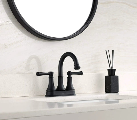 Matte Black Two Handle Centerset Bathroom Faucet With Three Hole Drain Assembly High Arc Four Inch Vanity Lavatory Tap Brass 360 Degree Swivel Spout Ceramic Cartridge Lead Free cUPC NSF61 CEC installed