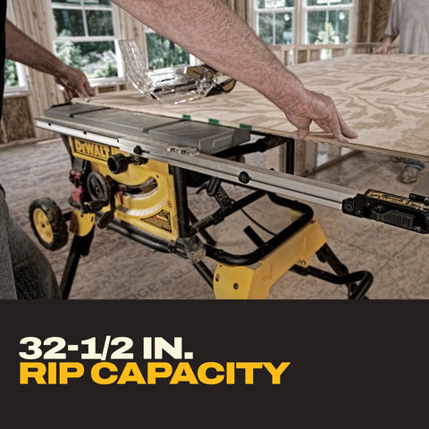 Heavy Hitter 10 Inch Contractor Table Saw With Durable Rolling Stand And Precision Rack Pinion Fence System For No Fuss Assembly And Effortless Wood Cutting All Week Long showing 32-1/2 in. rip capacity during wood cutting.