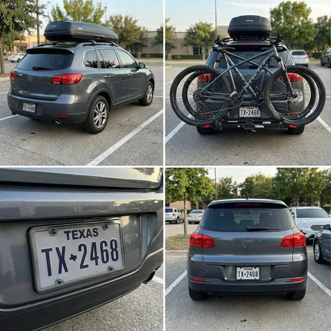 Clear Gray License Plate Frames With Anti Glare Vision Built Tough ABS Rustproof 2 Pack on SUV with bikes in parking lot.