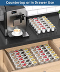 Clear Acrylic K Cup Drawer Organizer For Drawer And Countertop Storage Holds 24 K Cup Coffee Pods Sleek Flat Tray Design next to coffee maker