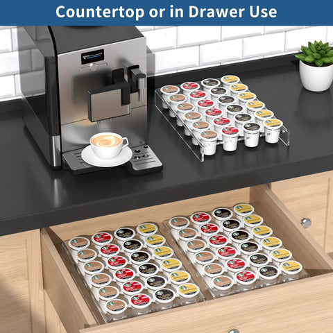 Clear Acrylic K Cup Drawer Organizer For Drawer And Countertop Storage Holds 24 K Cup Coffee Pods Sleek Flat Tray Design next to coffee maker