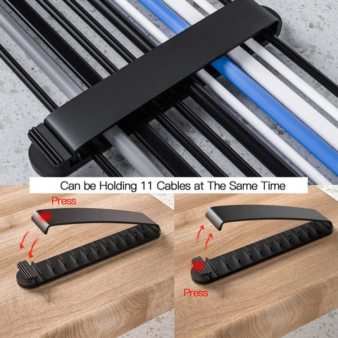 Three Pack Cable Clips Cord Organizer for Home Office Desk and Car shown holding multiple cables with 11 slots per pack.