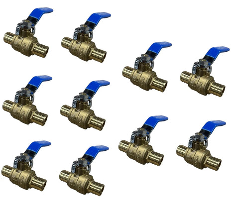 10 Pack Three Quarter Inch PEX Ball Valve Full Port Brass Shut Off Valve For PEX Tubing Plumbing Crimp Connection displayed