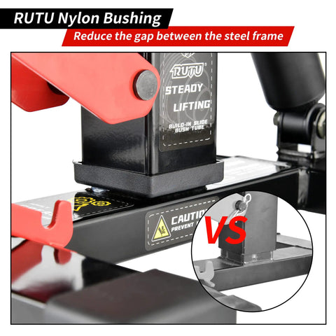 Close-up of Beefy Dirt Bike Stand And Motorcycle Lift Jack With 1000 Lb Capacity For Dirt Bikes ATVs showing nylon bushing detail