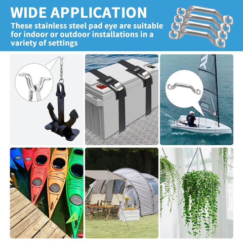 Stainless Steel Pad Eye Kit For Bimini Boat Top Straps, Kayak Deck Loops, Cooler Tie Downs, Battery Hold Downs, And Marine Hardware, 4 Pack For Beefy Heavy Duty Ties And Rugged Outdoor Watercraft Gear, showcasing multiple applications and uses.