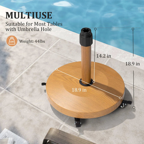 Teak Finish Patio Umbrella Base With Four Wheels, 44 Lb Heavy Duty Concrete Stand, shown on a tiled patio by a pool.